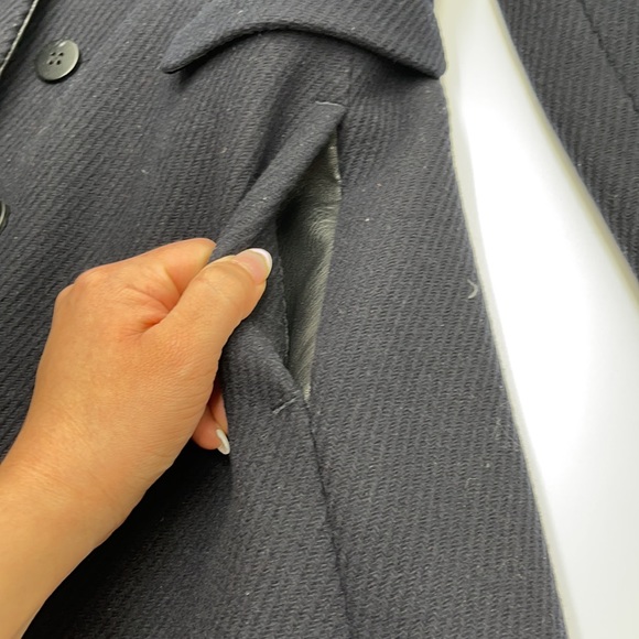 ZARA Navy Wool Black Faux Leather Trim Coat XS - Picture 8 of 12